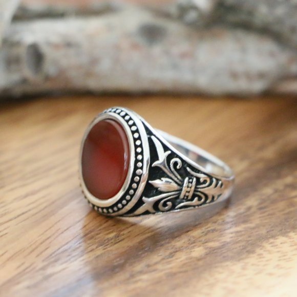 925 Sterling Silver Men's Ring Natural Red Agate - Picture 7 of 9